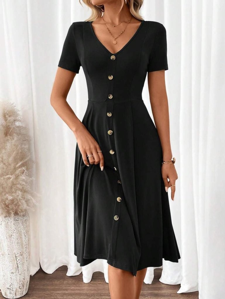 Kadın Kısa Kollu V Yakalı önden Düğmeli A Kesim Dokuma Elbise - Görsel 11