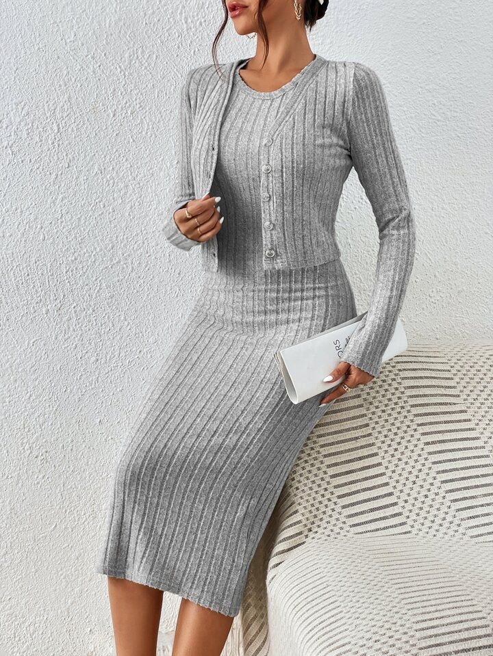 Kadın Uzun Kollu şardonlu Kaşkorseönü Düğmeli Mini Boy Elbise Ikili Takım - Görsel 6