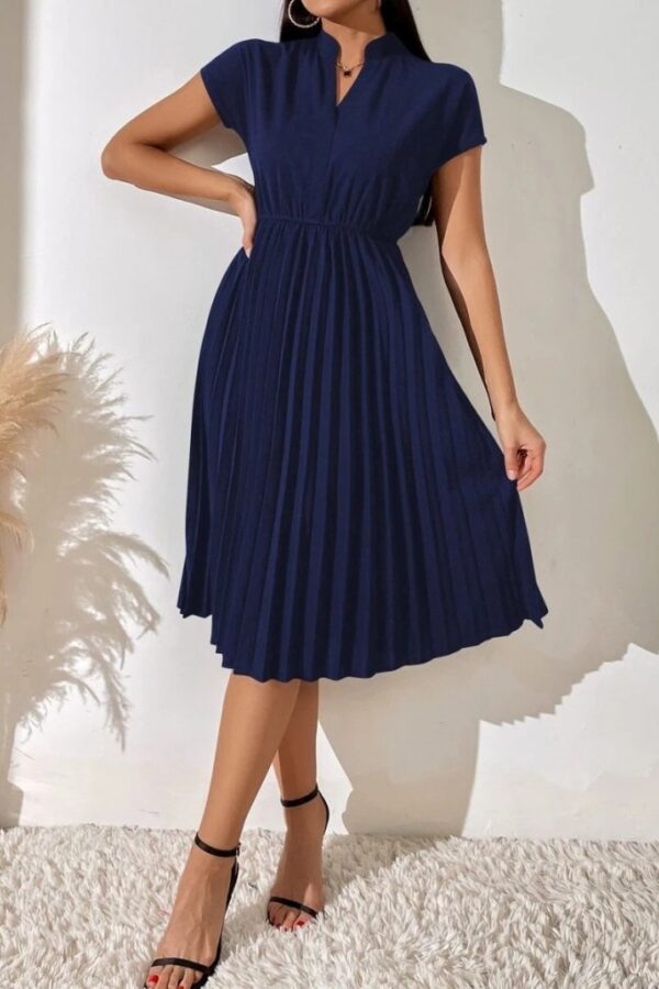 Kadın Kısa Kollu Hakim V Yakalı Pileli Janjan Krep Elbise