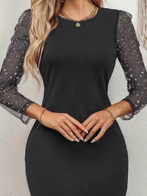 Kadın Bisiklet Yaka Kol Tül Detay Dalgıç Mini Boy Elbise - Görsel 2