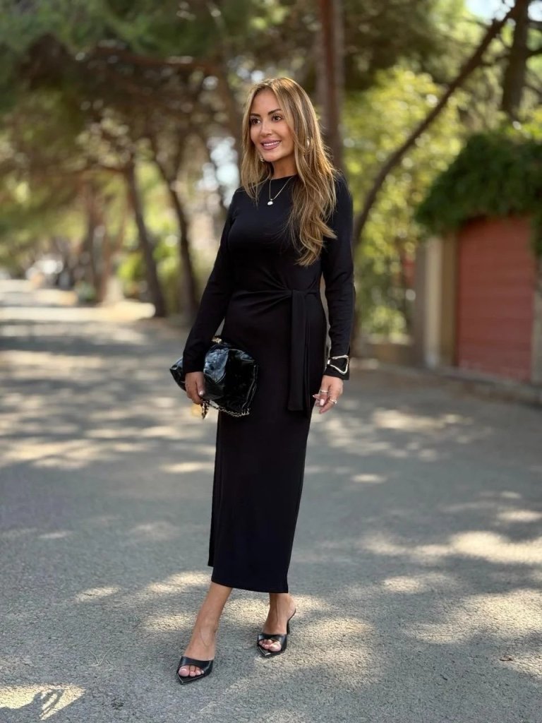 Kadın Uzun Kollu Bisiklet Yaka Yandan Bağlamalı Uzun Modal Elbise - Görsel 2