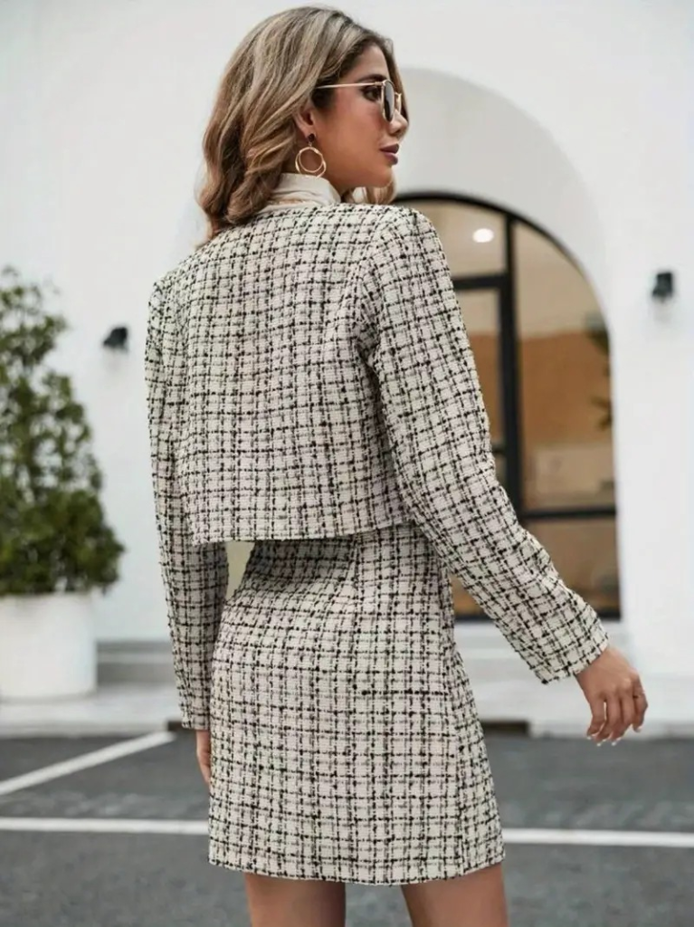 Kadın Uzun Kollu önü Açık Düğme Detaylı Dokuma Ceket Etek Ikili Takım - Görsel 2