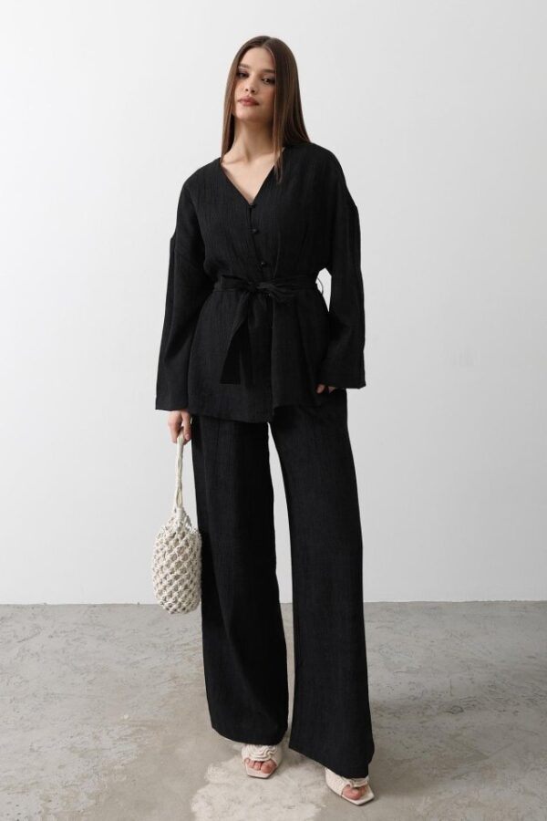 Beli Bağlamalı Tunik Ve Beli Bağlamalı Pantolon Takım - Siyah