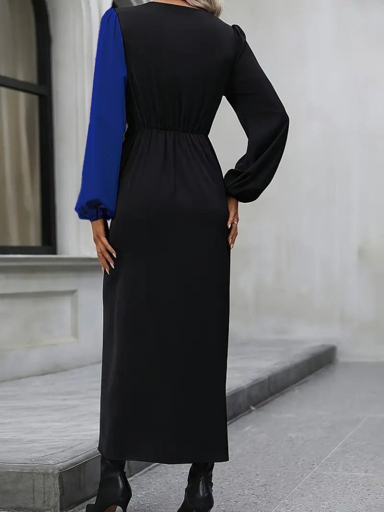 Kadın Uzun Kollu Kruvaze Yakalı Belden çapraz Detaylı çift Renkli Midi Ithal Krep Elbise - Görsel 10