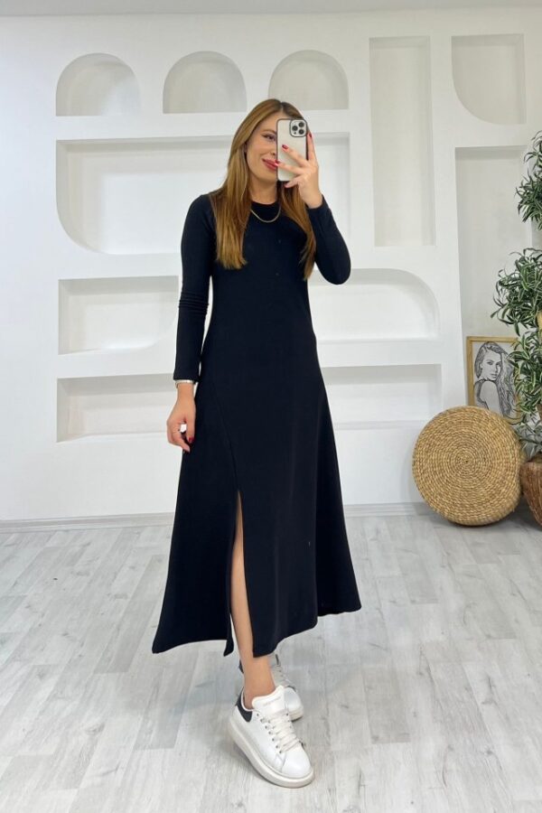 Kadın Uzun Kollu Bisiklet Yaka Size Kadar Yırtmaç Detay Maxi Boy Elbise