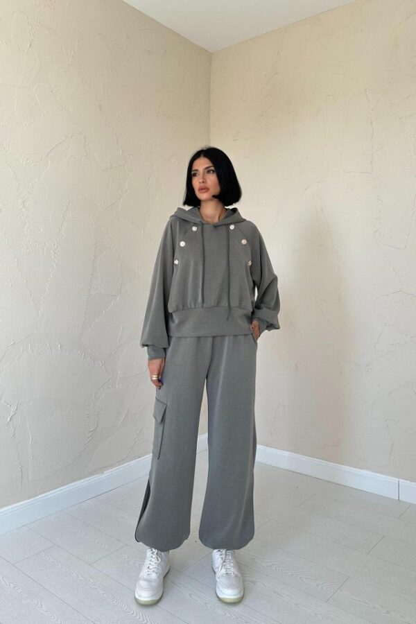 Haki Kapüşonlu Sweatshirt Ve Kargo Pantolon Takım