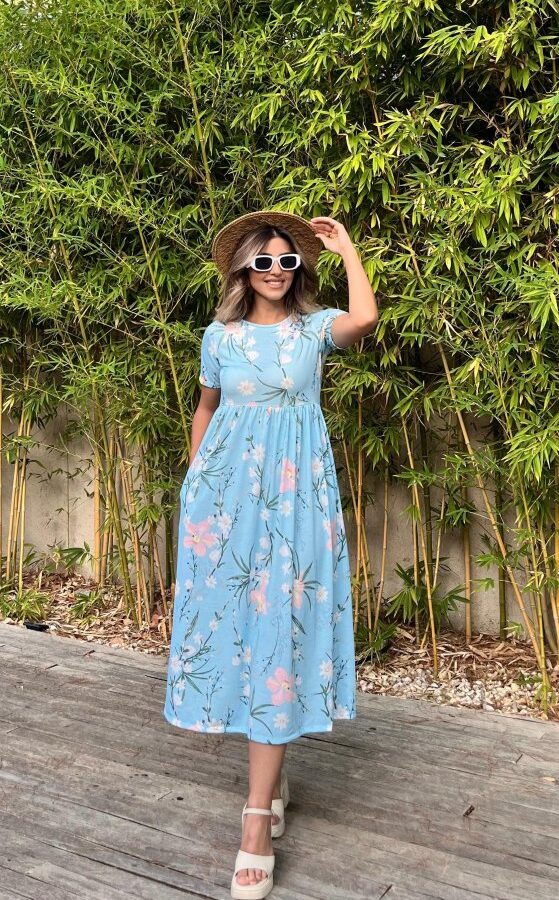 Kadın Kısa Kollu çiçek Baskı Midi Boy Süprem Elbise