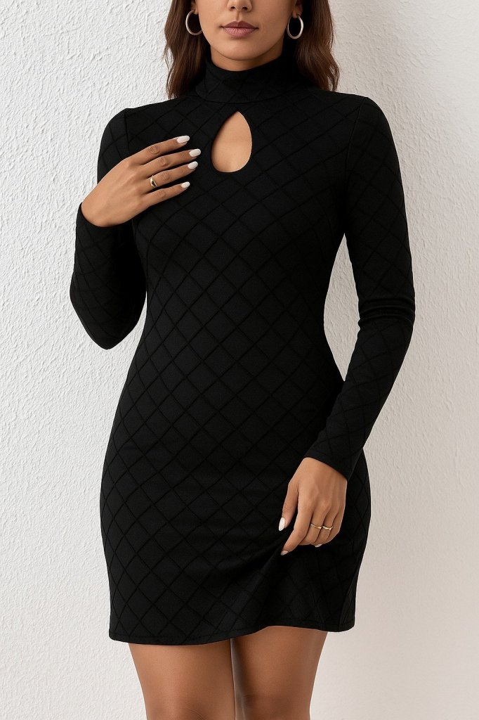 Kadın Uzun Kollu Damla Detay Flok Baskı Dalgıç Mini Elbise