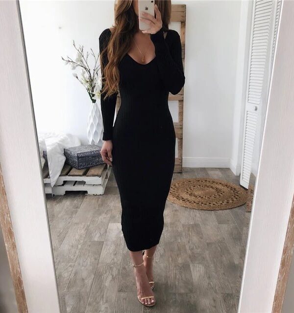 Kadın Uzun Kollu V Yaka şardonlu Kaşkorse Midi Boy Elbise