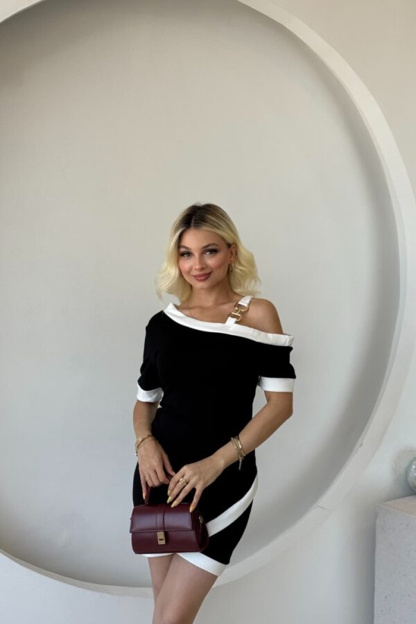 Kadın Kısa Kollu Asimetrik Kesim Yaka şerit Ve Aksesuar Detaylı Modal Elbise