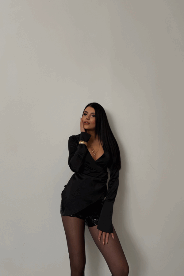 SATEN ANVELOP BLUZ MANŞET KOL - Siyah