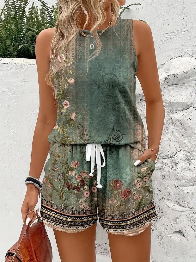 Kadın Askılı Yuvarlak Yaka çiçek Baskılı Süprme Bluz Ve Short Ikili Takım - Görsel 7