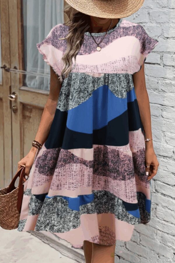 Kadın Kısa Kollu Bisiklet Yaka Kare Desenli Süprem Elbise