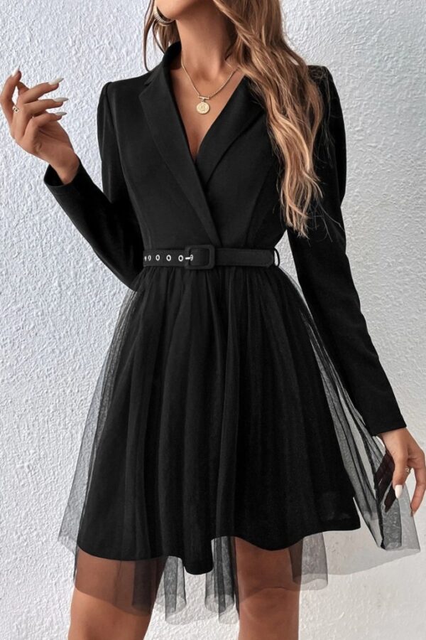 Kadın Uzun Kollu Yakalı Belinde Kemer Detaylı Mini Tüllü Ithal Krep Elbise