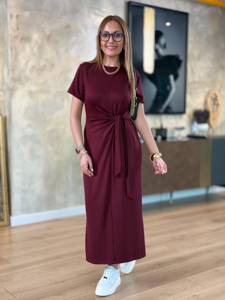 Kadın Kısa Kollu Bisiklet Yaka Yandan Bağlamalı Viskon Iki Iplik Elbise - Görsel 7