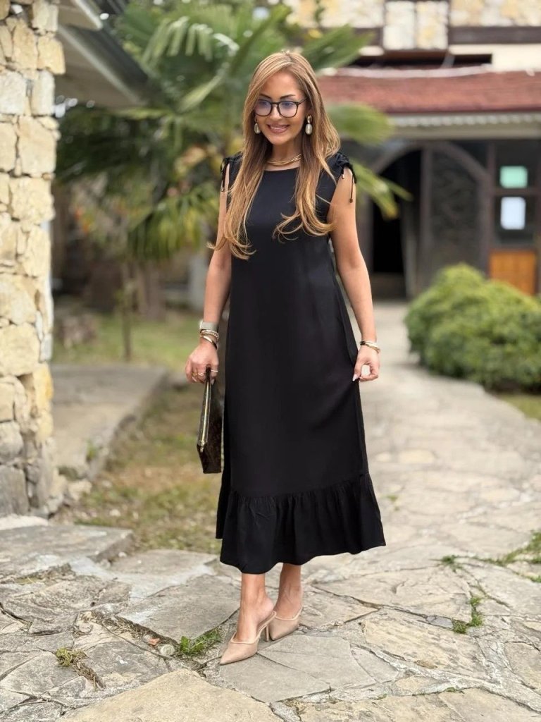 Kadın Omuzlardan Büzgülü Kayık Yaka Fırfırlı Janjan Krep Elbise - Görsel 7