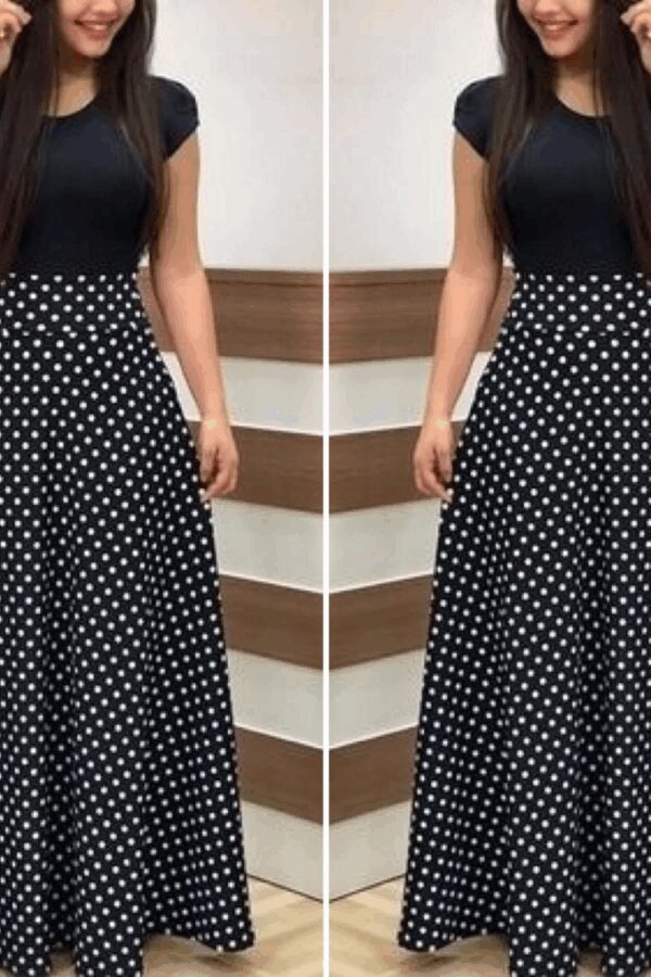 Kadın Kısa Kollu Puan Desen Tam Boy Krep Elbise