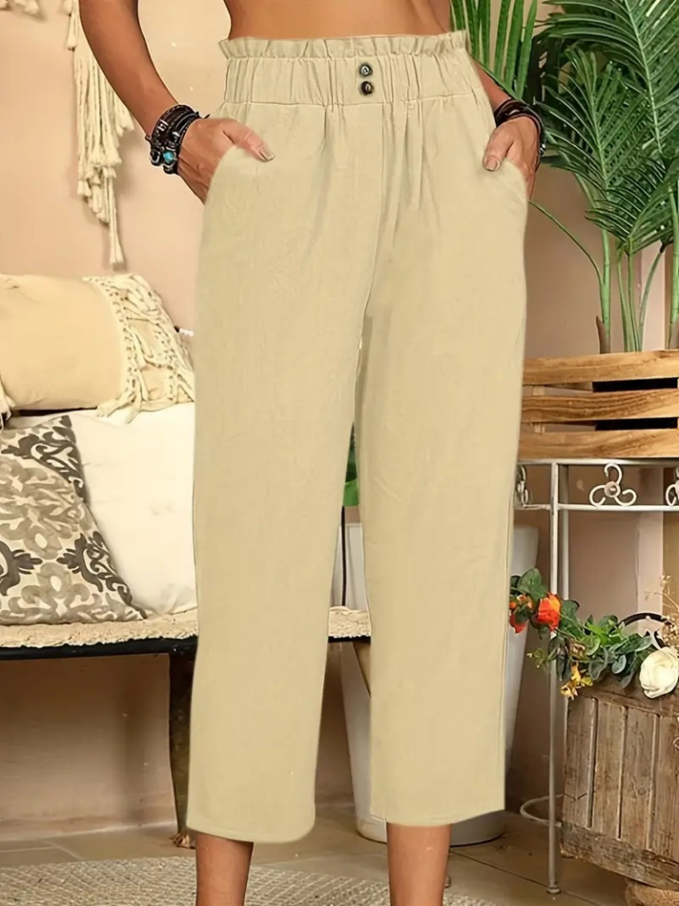 Kadın Bel Büzgü Ve Düğme Detay Kısa Geniş Paça Keten Pantolon - Görsel 6