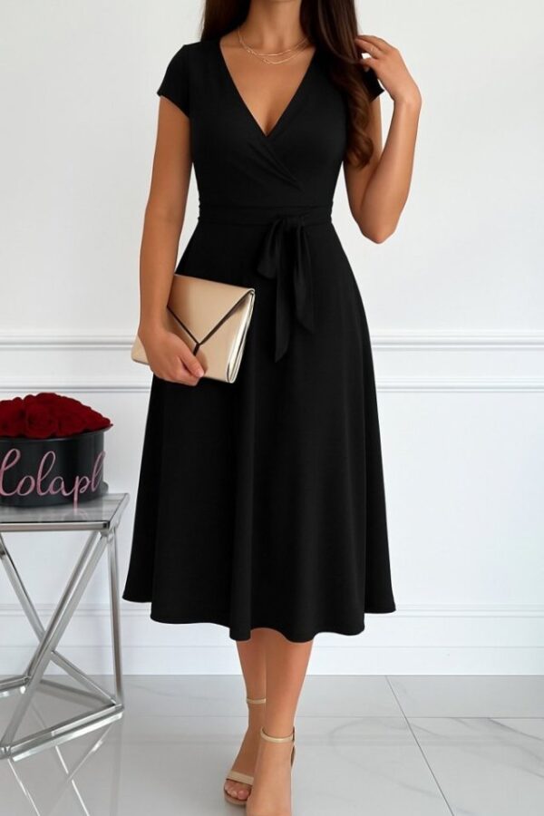 Kadın Kısa Kollu V Yakalı Belden Kuşaklı Maksi Boy Viskon Elbise