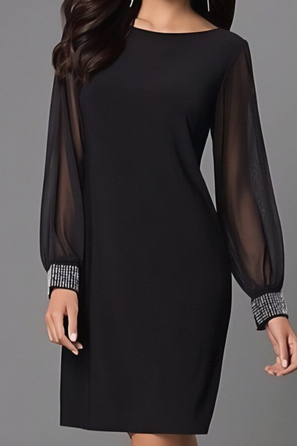 Kadın Uzun Kollu Bisiklet Yaka Kollar Tül Manşet Taş Işlemeli Krep Elbise