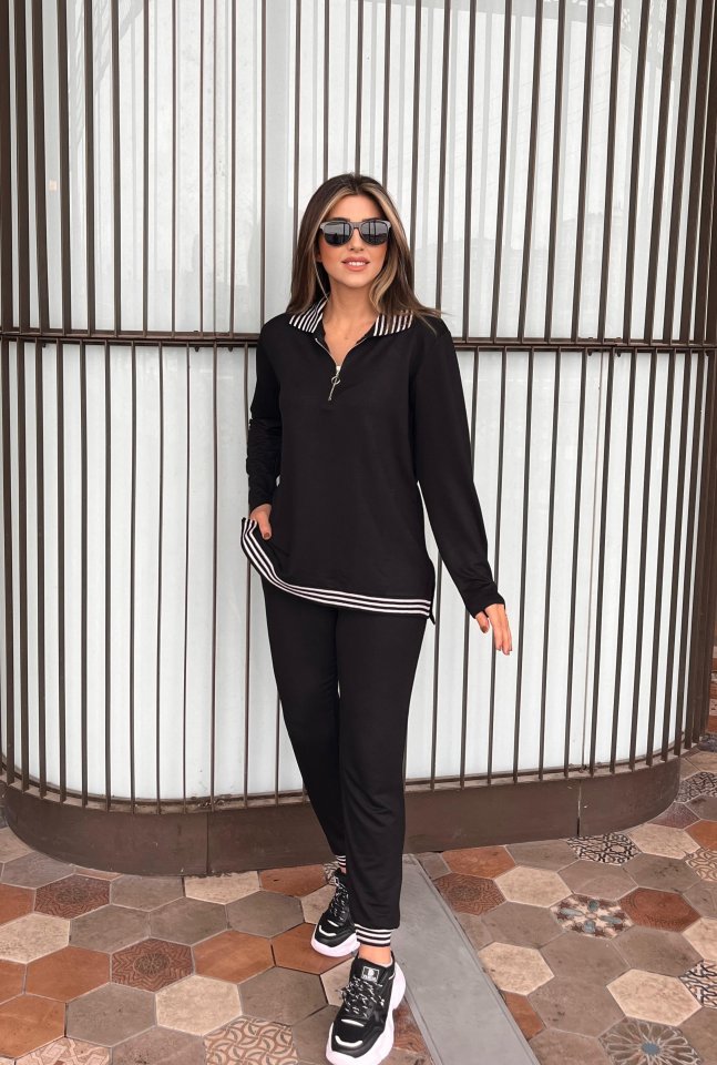 Kadın Uzun Kollu Ribana Ve Fermuar Detay Bluz Ve Yüksel Bel Pantolon 2li Takım - Görsel 2