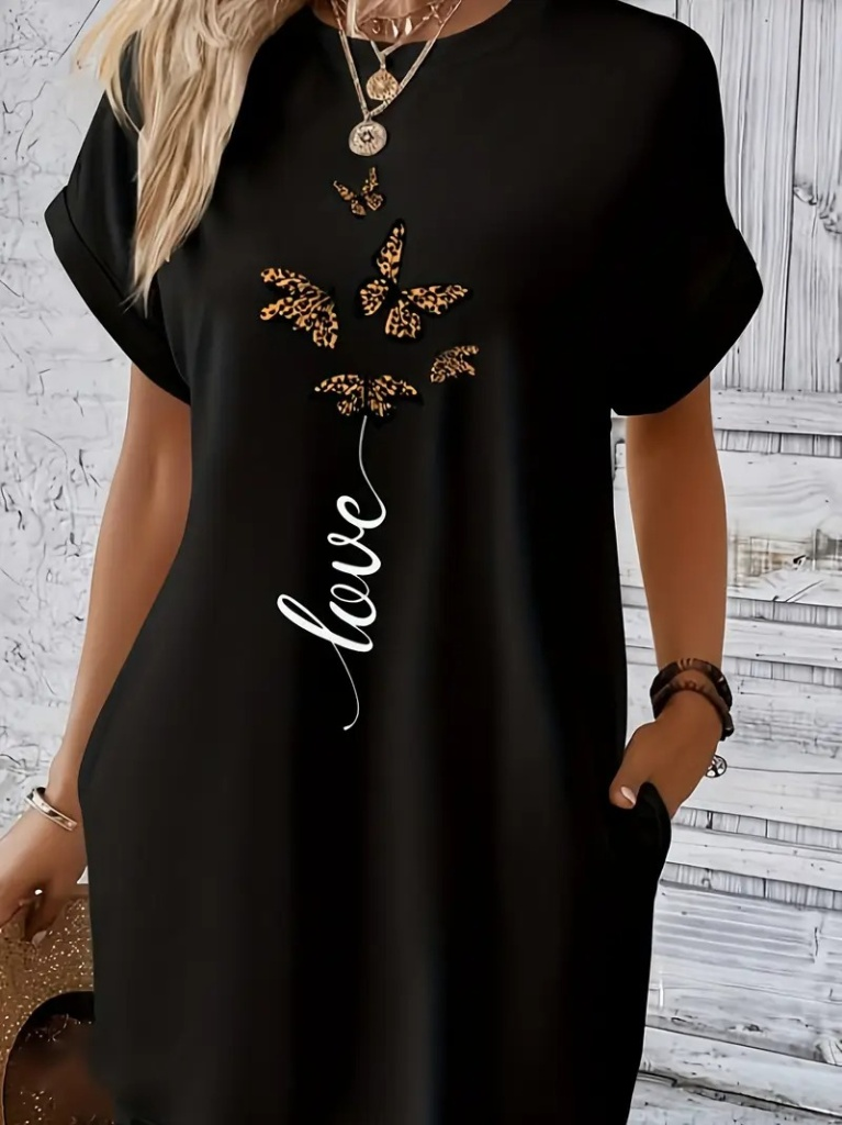 Kadın Kısa Kollu Bisiklet Yaka Cepli Kelebek Baskılı Viskon Elbise - Görsel 2