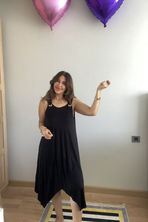 Kadın Askılı Yuvarlak Yaka Kuş Gözü Detaylı Asimetrik Viskon Elbise