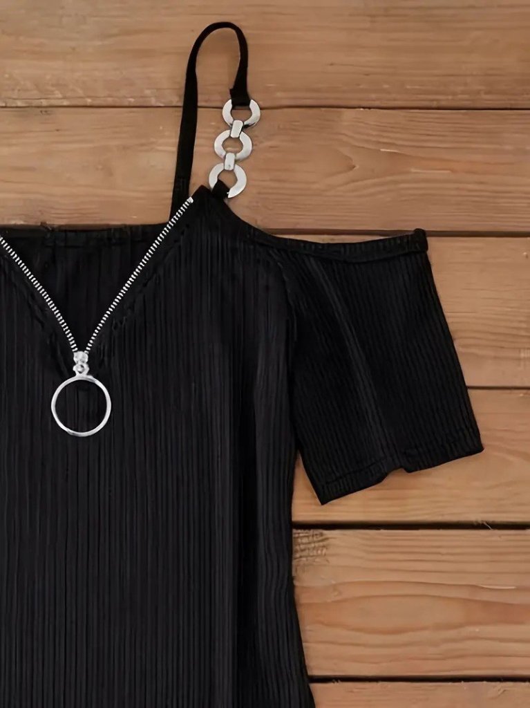 Kadın Askılı önü Fermuarlı Asimetrik Kesim Detaylı Kalın Fitilli Kaşkorse Elbise - Görsel 6