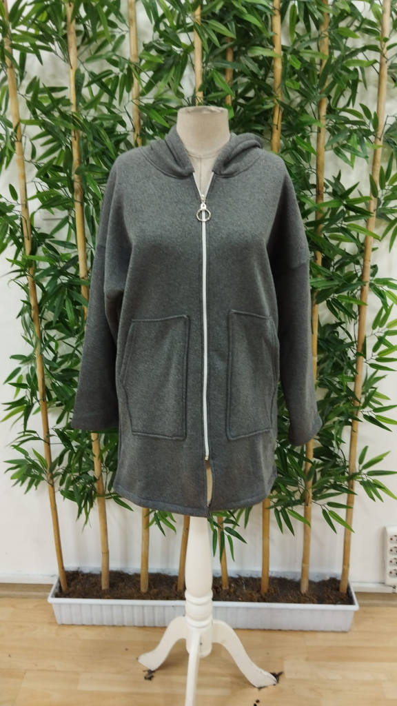 Kadın Uzun Kollu Kapşonlu Fermuar Detaylı Cepli Uzun üç Iplik Ceket - Görsel 5