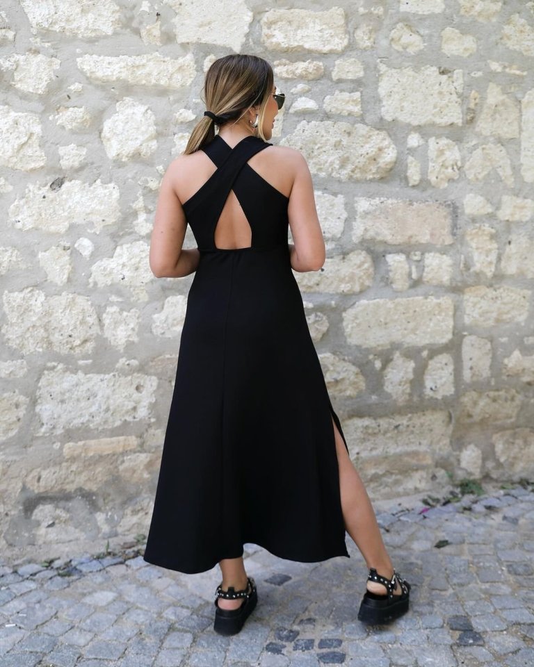 Kadın Arkadan çapraz Detay Yuvarlak Yaka Maksi Viskon Elbise - Görsel 4