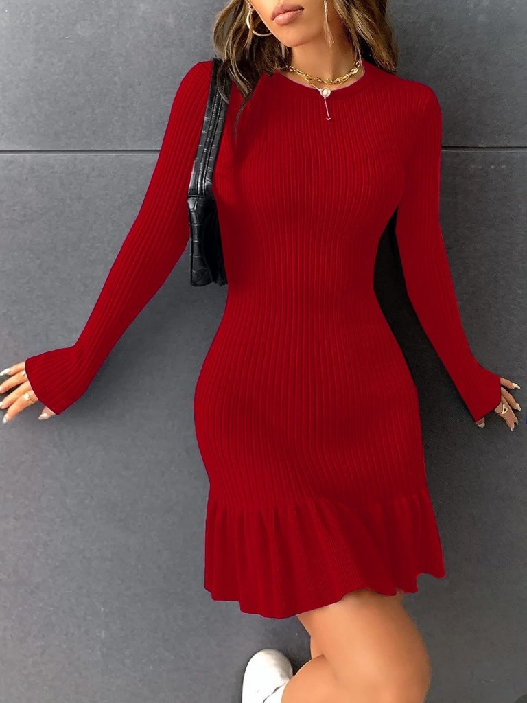 Kadın Bisiklet Yaka Uzun Kol Etek Ucu Fırfırlı Triko Mini Boy Elbise - Görsel 2