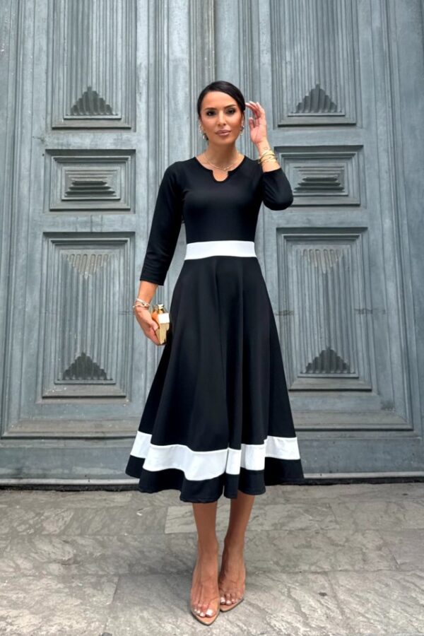 Kadın Truvakarkol Yakası Açık Blok Renkli Krep Midi Elbise