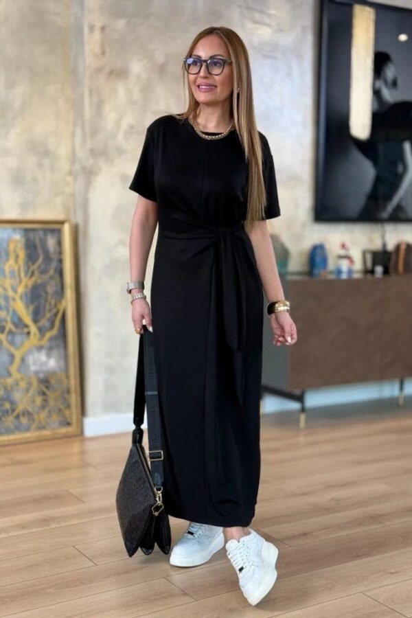 Kadın Kısa Kollu Bisiklet Yaka Yandan Bağlamalı Viskon Iki Iplik Elbise