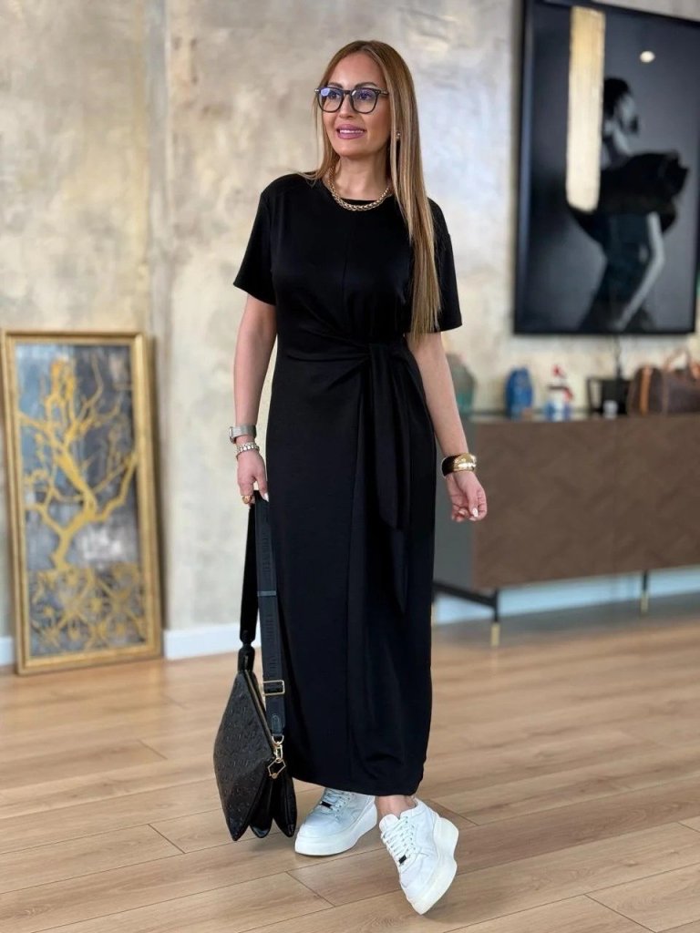 Kadın Kısa Kollu Bisiklet Yaka Yandan Bağlamalı Viskon Iki Iplik Elbise - Görsel 2