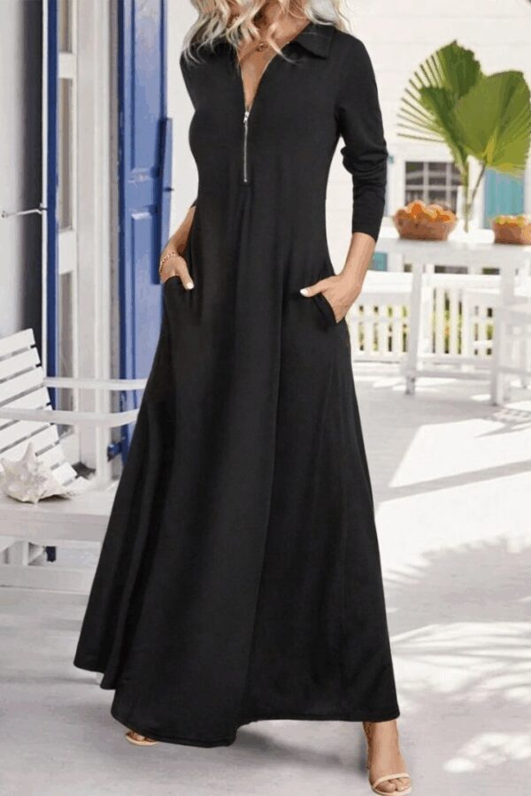 Kadın Uzun Kollu Yakalı önden Fermuarlı Uzun Viskon Iki Iplik Elbise