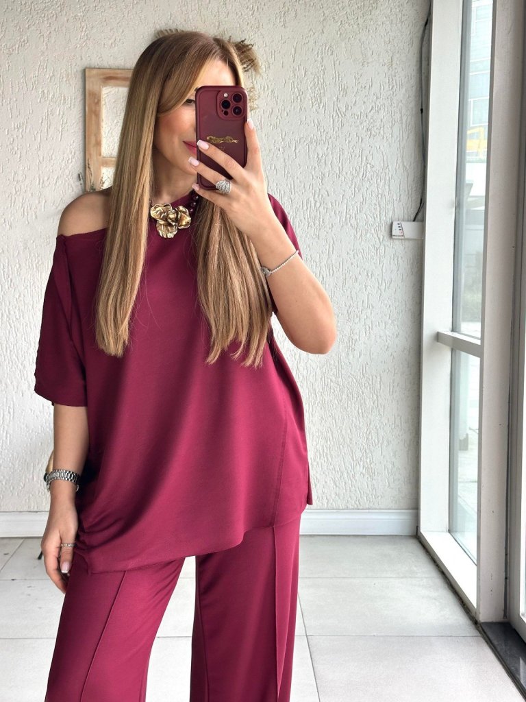 Kadın Tek Omuzdan Açık Geniş Kesim Viskon Iki Iplik Bluz Ve Pantolon Ikili Takım - Görsel 6