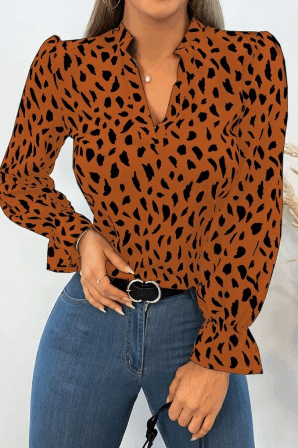 Kadın Uzun Kollu Baskılı V Hakim Yaka Helen Bluz