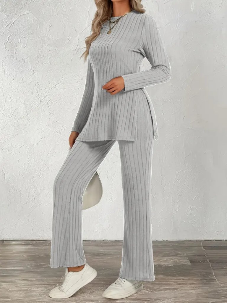 Kadın Uzun Kollu Bisiklet Yaka Yandan Yırtmaçlı şardonlu Kaşkorse Bluz Ve Pantolon Ikili Takım - Görsel 9