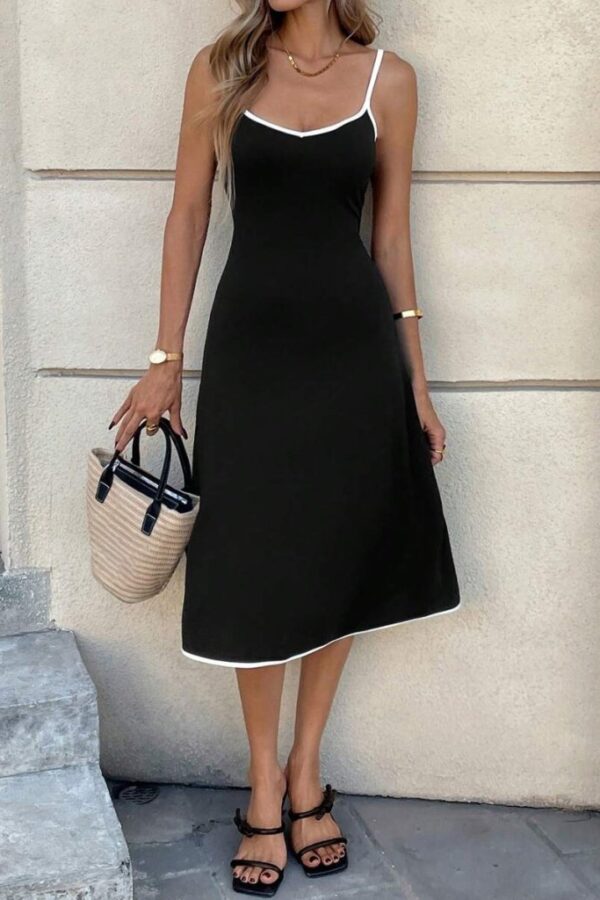 Kadın Ip Askılı Geniş V Yakalı Midi Janjan Krep Elbise