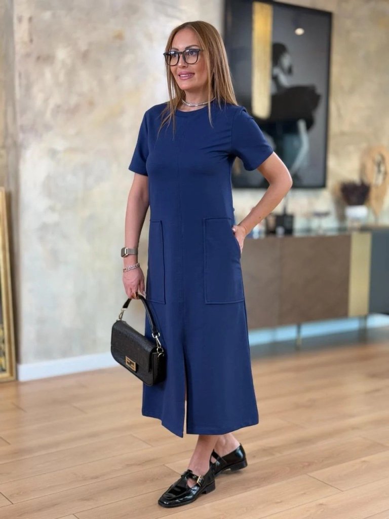 Kadın Kısa Kollu Bisiklet Yakalı Cepli önden Yırtmaçlı Viskon Iki Iplik Midi Elbise - Görsel 3