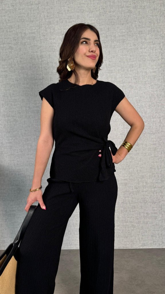 Kadın Kısa Kollu Bisiklet Yaka Yandan Bağlamalı Bürümcük Bluz Ve Pantolon Ikili Takım - Görsel 2