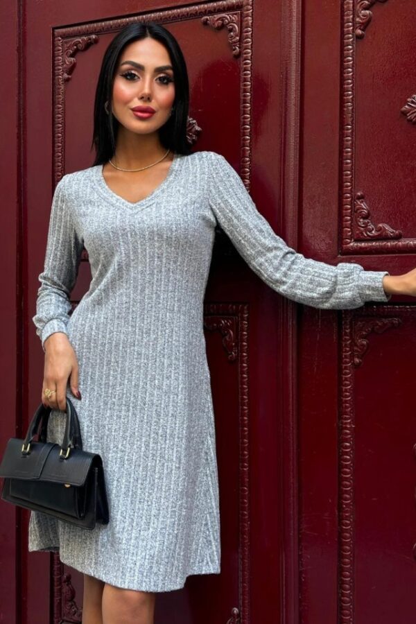 Kadın Uzun Kollu V Yaka Uzun Kol şardonlu Kaşkorse Midi Elbise