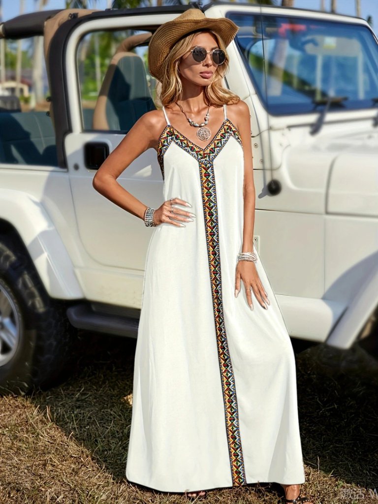 Kadın Askılı V Yakalı Etnik şerit Detaylı Uzun Viskon Elbise - Görsel 7