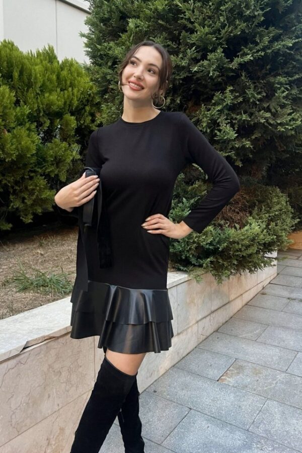 Kadın Uzun Kollu Bisiklet Yaka üst Viskon Etek Ucu Deri Kısa Elbise