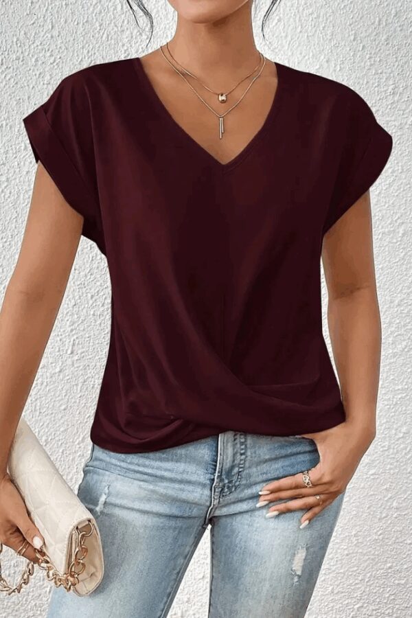 Kadın Kısa Kollu V Yakalı önden çapraz Geçmeli Detay Viskon Bluz