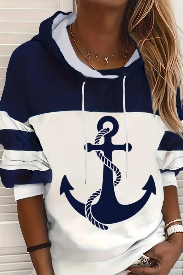 Kadın Uzun Kollu Kapşonlu çıpa Desenli şardonlu Dalgıç Bluz