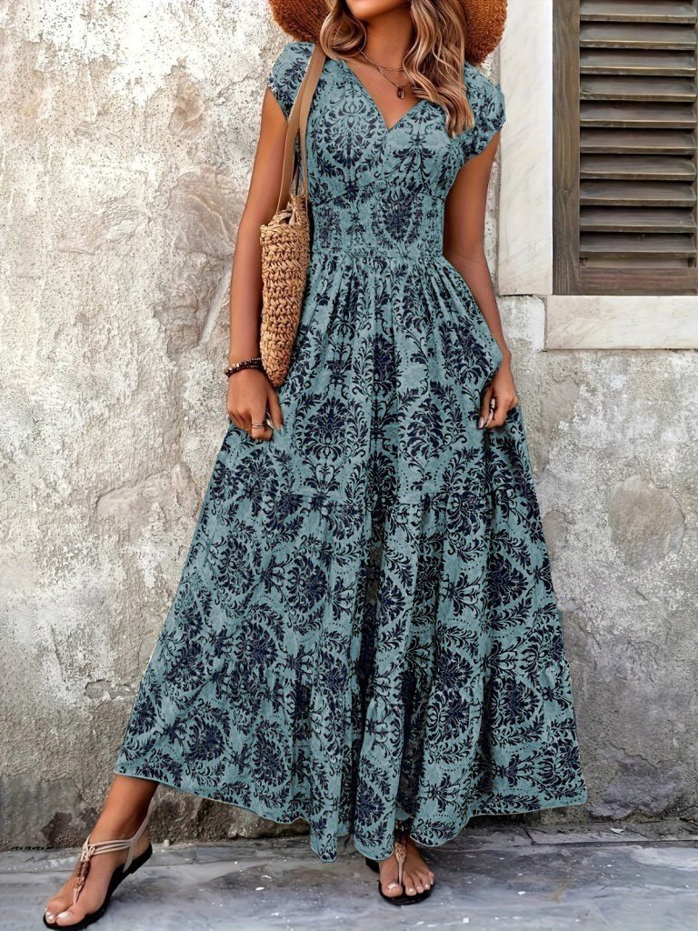 Kadın Kısa Kollu Kruvaze Yaka Beli Lastikli Süprem Maksi Boy Elbise - Görsel 29