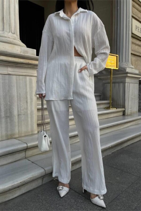 KENDİNDEN DESENLİ KRINKILL GÖMLEK - PANTOLON TK - Beyaz