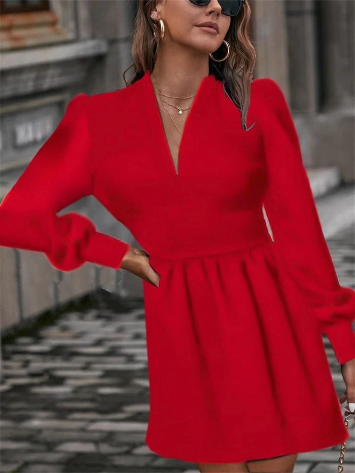 Kadın Uzun Kollu V Yaka Belden Hafif Pileli Scuba Krep Mini Boy Elbise - Görsel 3