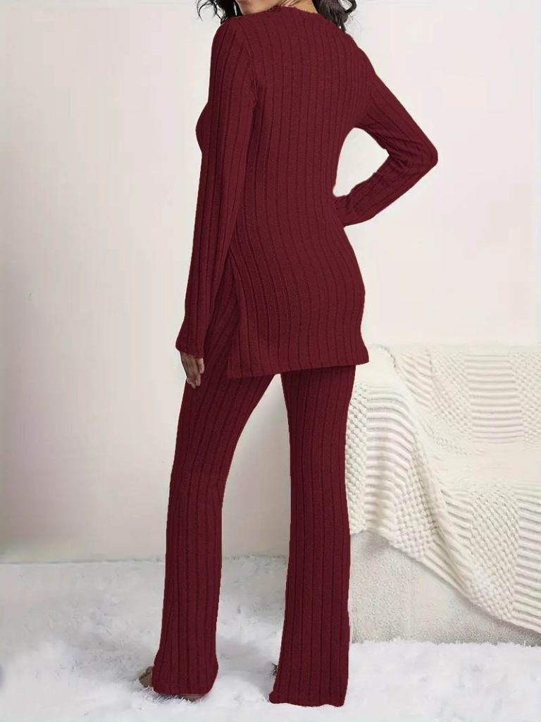 Kadın Uzun Kollu Yuvarlak Yaka Yandan Yırtmaç Detaylı şardonlu Kaşkorse Bluz Ve Pantolon Ikili Takım - Görsel 7